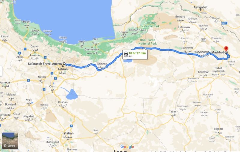 فاصله تهران تا مشهد روی نقشه