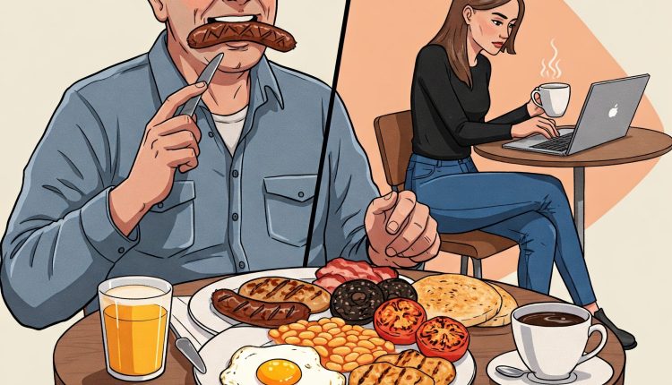 نمای گرافیکی از تقابل دو شخصیت؛ یکی با صبحانه کامل، دیگری با فنجان قهوه و لپ‌تاپ