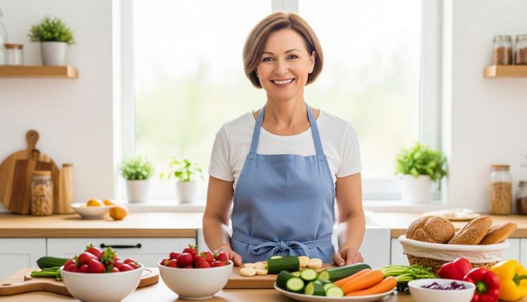 زن میانسال با مواد غذایی سالم